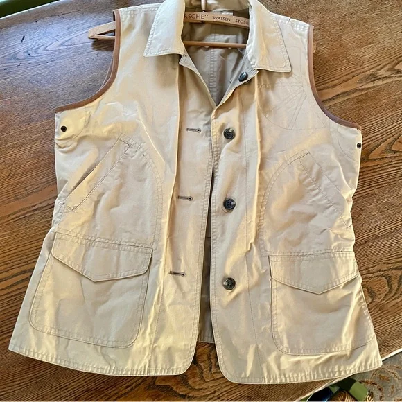 Womens Ralph Lauren Khaki VINTAGE  Outdoor Cotton Buttoned Vest Leather trim - Picture 5 of 9